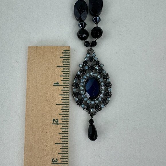 Vintage NR Pendant Necklace Dangle Earrings Set Gunmetal Midnight Blue Metallic - Picture 13 of 16